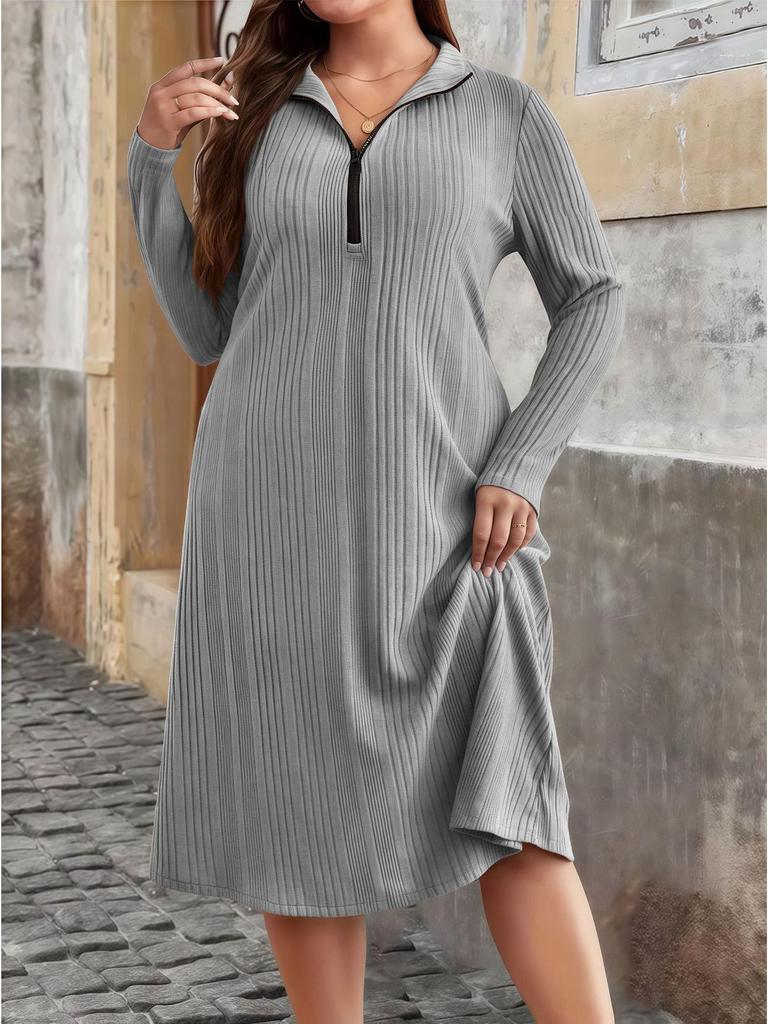 2025 Autumn/Winter European Plus Size Women's Round Neck Zippered Striped Dress