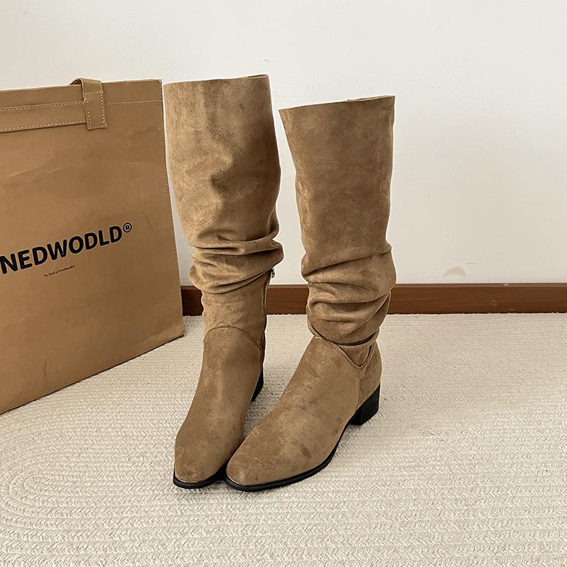 

Design Pleated Pointed Toe Women Knee High Boots Fashion Thick Heels Party Dress Long Booties Autumn Winter Ladies Shoes 35