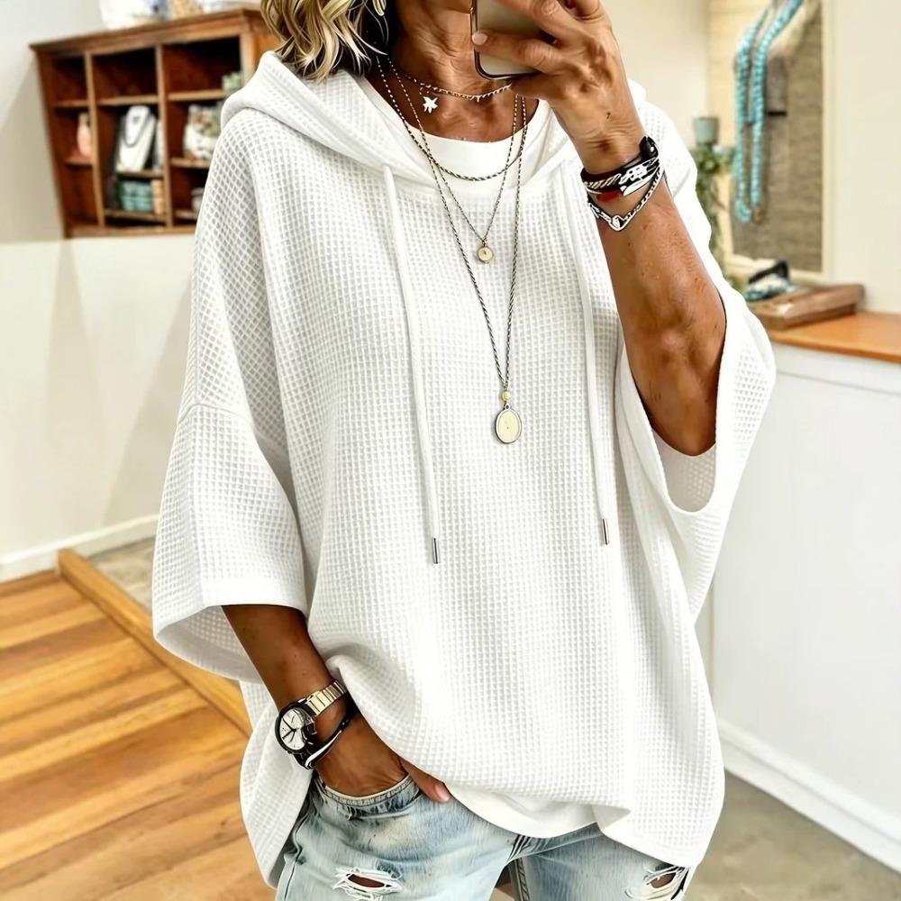 Damen Neuer Waffelstrick Kapuzenpullover mit Kordelzug, Lockere Gestrickte Kapuzen-Oberbekleidung