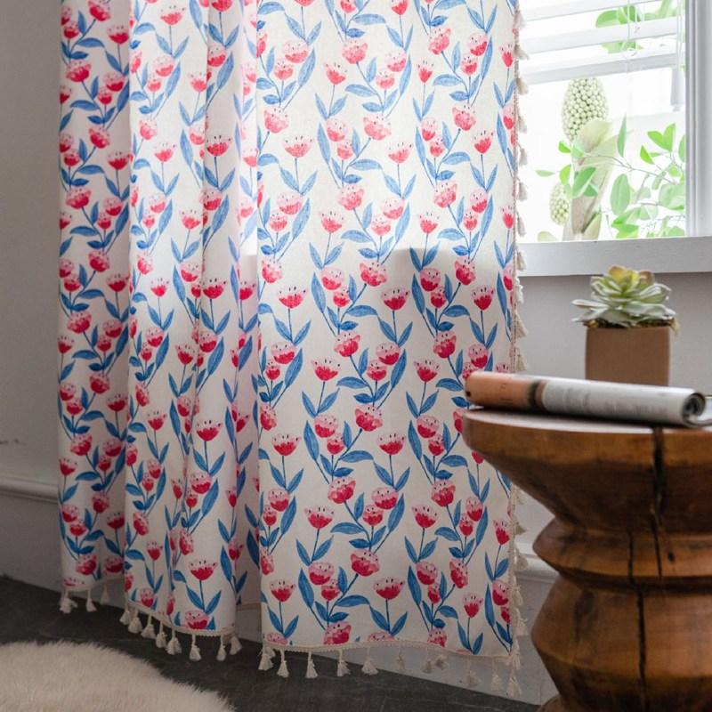 Bohemian Style Cotton Linen Small Floral Printing Tassel Window Curtain Blackout Valance Bedroom Living Room Semi-shading Drape