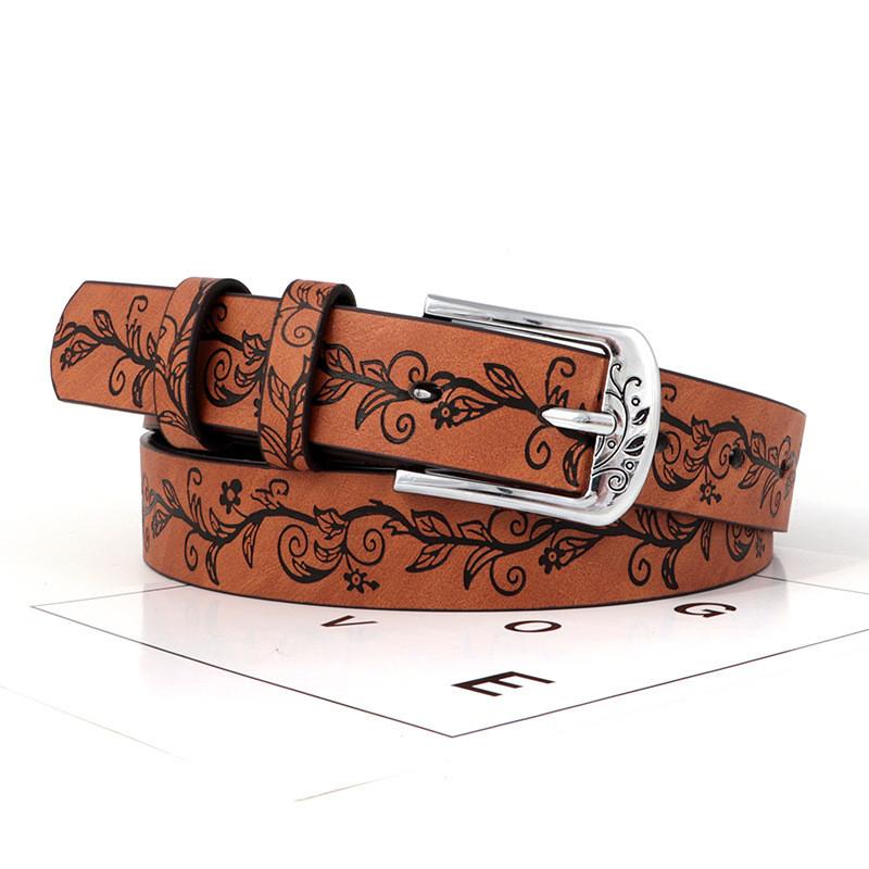 Leather Inspired Boho Belt With Embossed Design And Silver Buckle For Womens