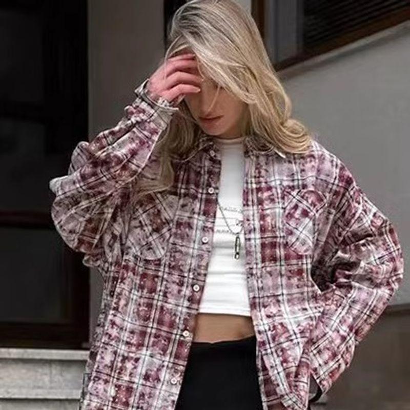 Fashion Style New Arrival Retro Lapels Loose Casual Plaid Shirt Loose Vintage Plaid Shirt