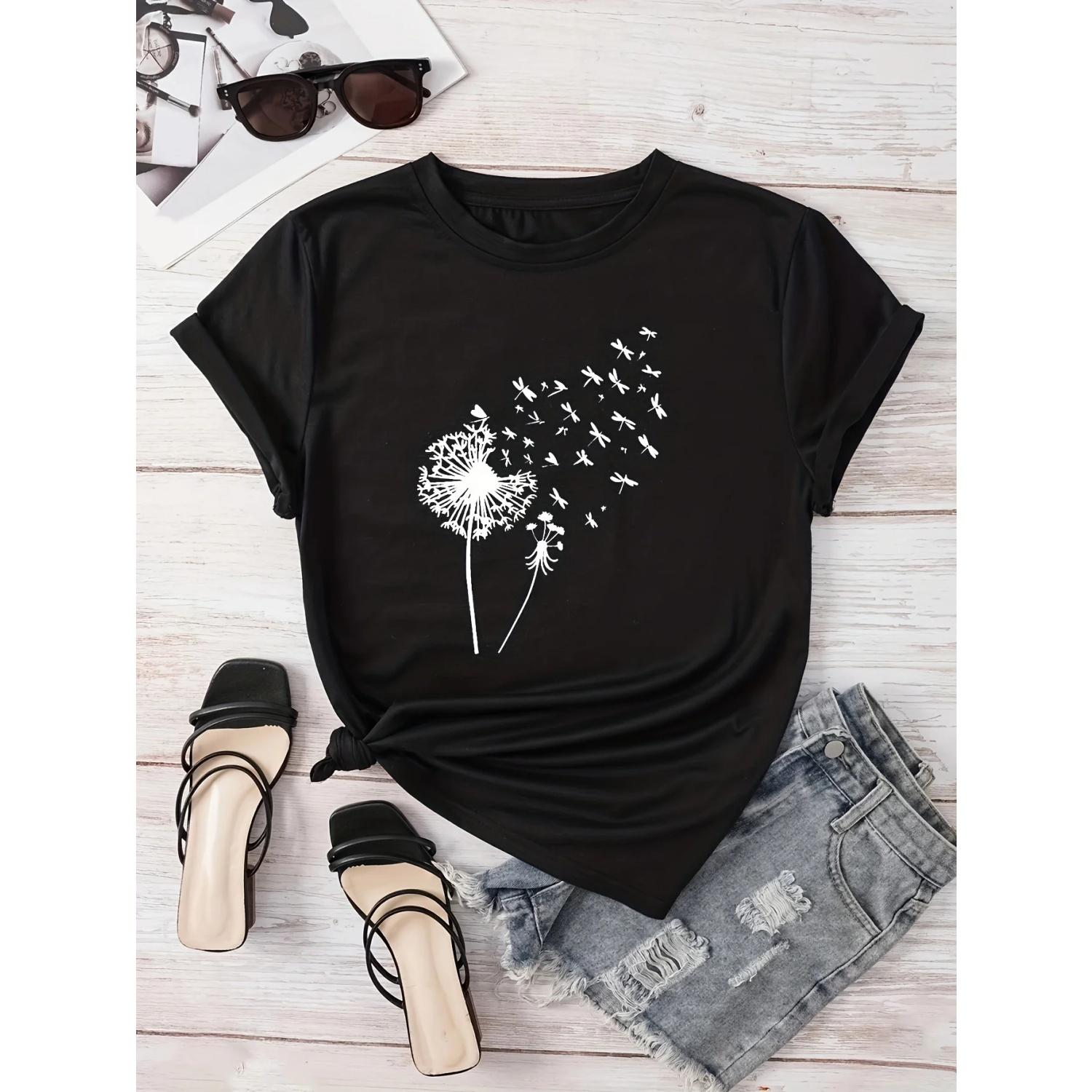 

Dandelion Print Crew Neck T-Shirt, Casual Short Sleeve T-Shirt for Spring & Summer, Women s Clothing XXXXXL чорний