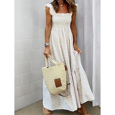 2025 Sommer Elegante Damenbekleidung Collage Plaid Hosenträger Elastischer Großer Saum Kleid für Frauen