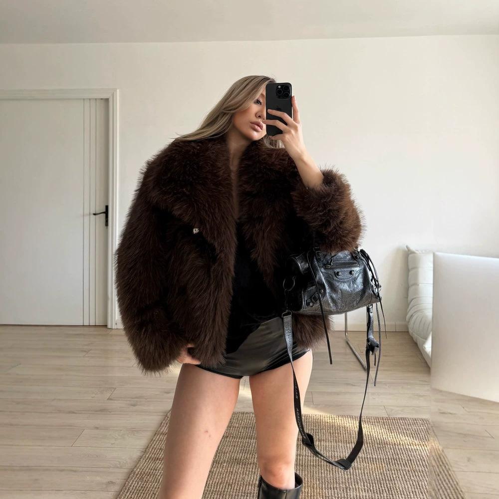 Fox fur coat women's large lapel short furry coat winter warm