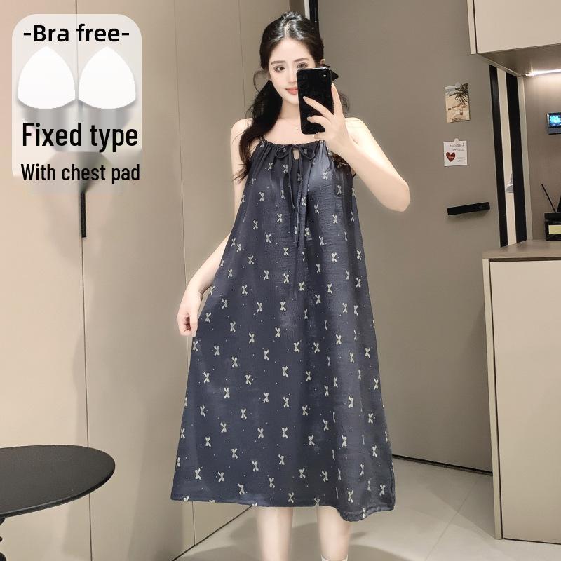 Women s Cloud Cotton Summer Princess Pajamas with Chest Pads - Strappy Mid-Length Loose Nightgown One Size