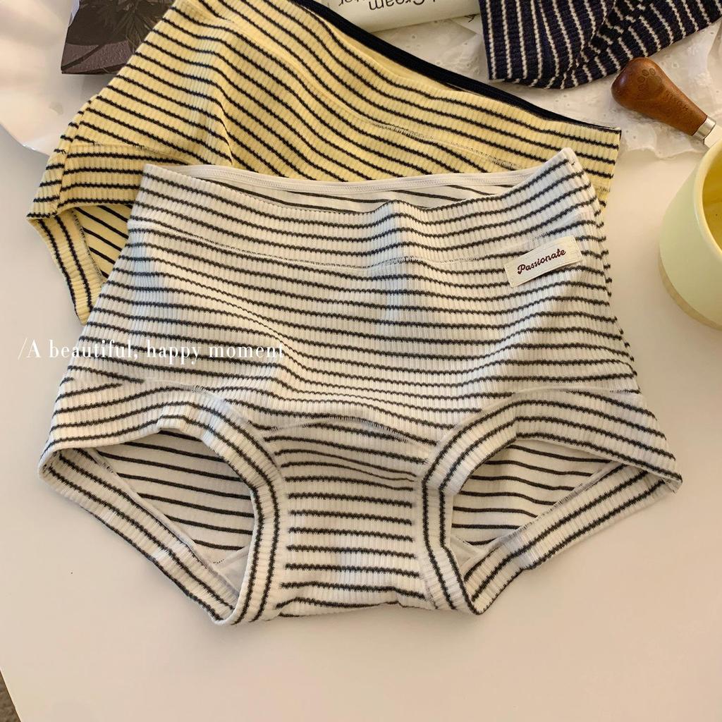 Retro American Women's Striped Pure Cotton Mid-Waist Panties with Antibacterial Extended Crotch - Plus Size Available