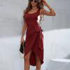 Fashion Square Collar Summer Irregular Dress Women Strap Pleated Lace-up Casual Tank Dress Black Party Split Sexy Clothing 25090