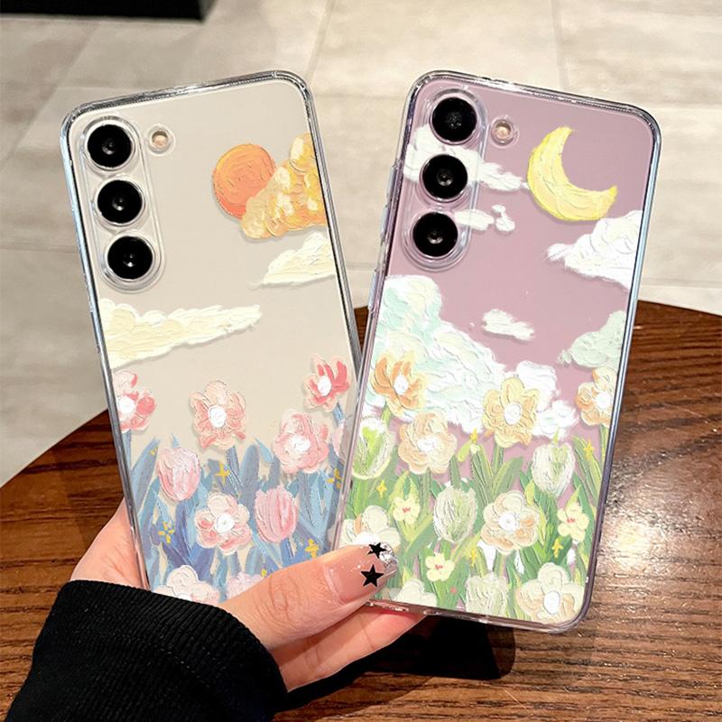 Painting Flower Clear Phone Cases for Samsung Galaxy S24+ S23+ Plus Ultra Transaprent Cover for Samsung S22+ Ultra Fundas Shell
