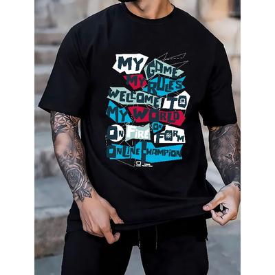 Creative Letter Print T-shirt, Men's Casual Slightly Stretch Round Neck Tee Shirt For Summer Fall