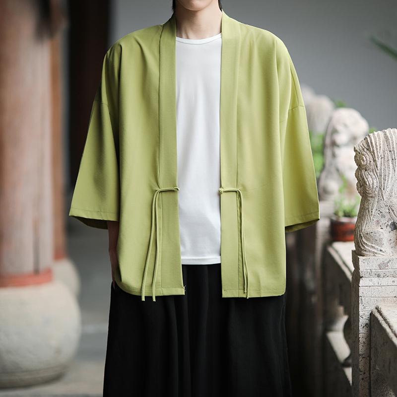 2025 Sommar Herr Casual Skjortor Herr Kinesisk Stil Streetwear Vintage Skjorta Herr Lös Öppenstickad Skjorta Man Enfärgad Cardigan