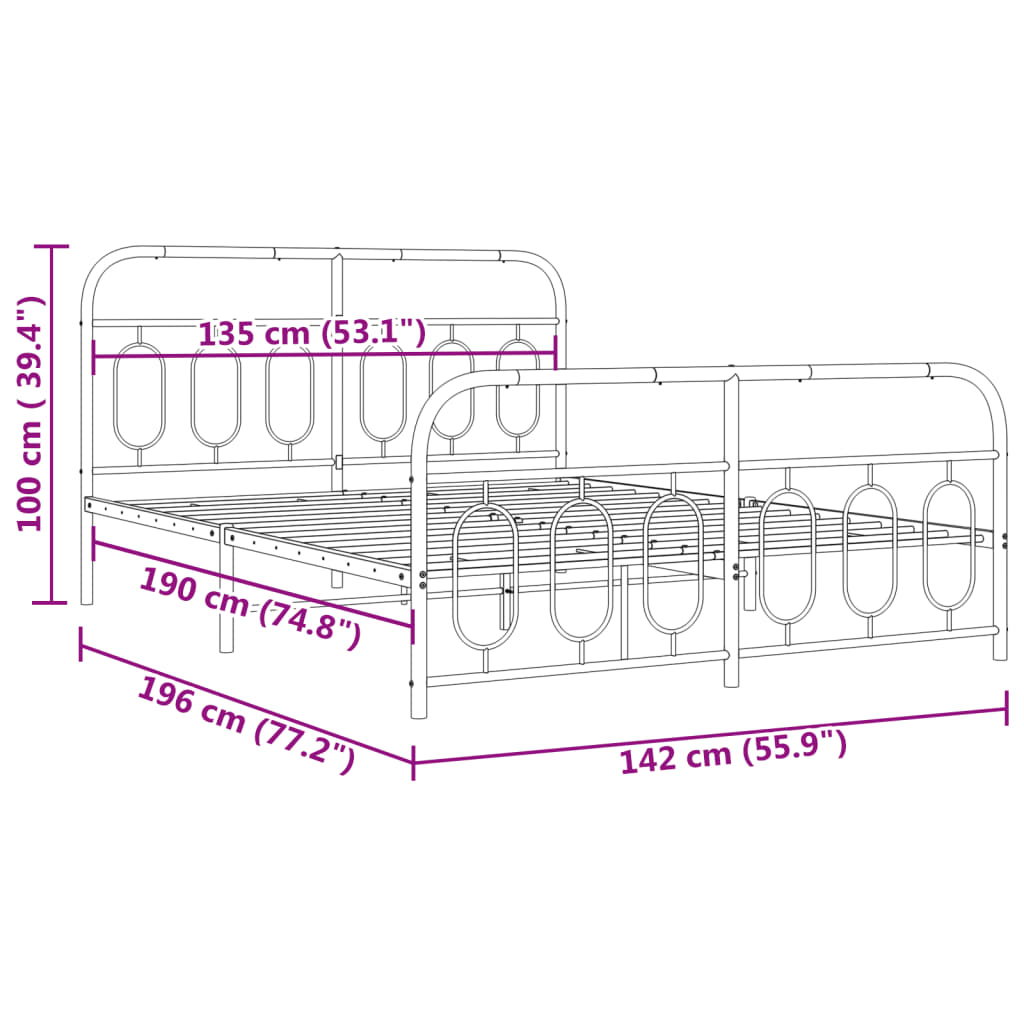 Metal Bed Frame with Headboard and Footboard White 135 x 190 cm