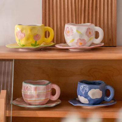 Hand Painted Blue Sky and White Clouds Coffee Cup Dish Set Ceramic Cup Mug Milk Breakfast Mugs Cute Cups Coffee Mugs Teacup