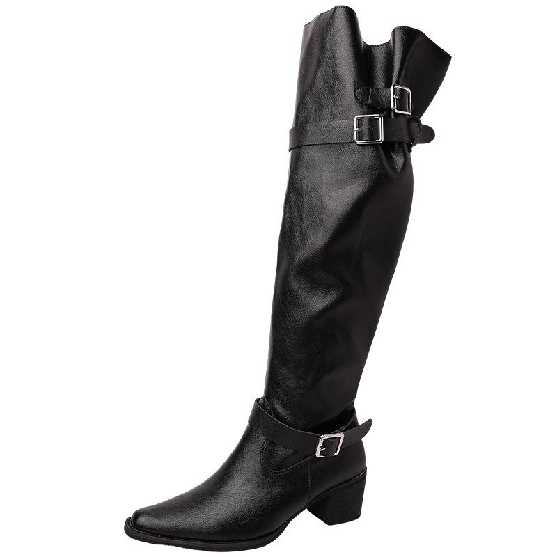 Retro belt buckle pointed high boots women's autumn and winter fashion versatile high-heeled leather boots temperament thick-heeled fashion boots tide