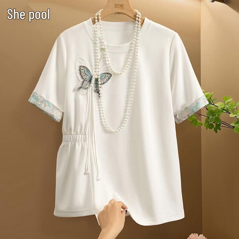 Women s Hollow Out Butterfly Embroidered Short-Sleeve T-Shirt M
