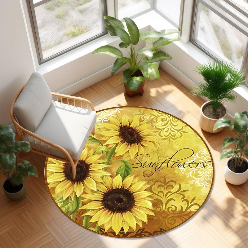 Sunflower Round Carpet Retro Farmhouse Home Decor Carpet Living Room Bedroom Floor Decor Mat Soft Non-slip Circle Rug