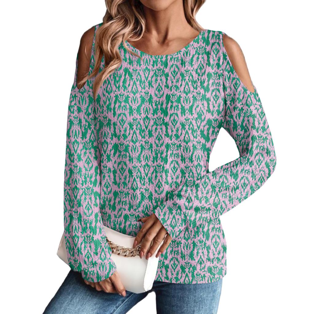 Damen Winter Oversized T-Shirt Modisch Schulterfrei Rundhals Vintage Blumendruck Pullover Langarm Oberteil