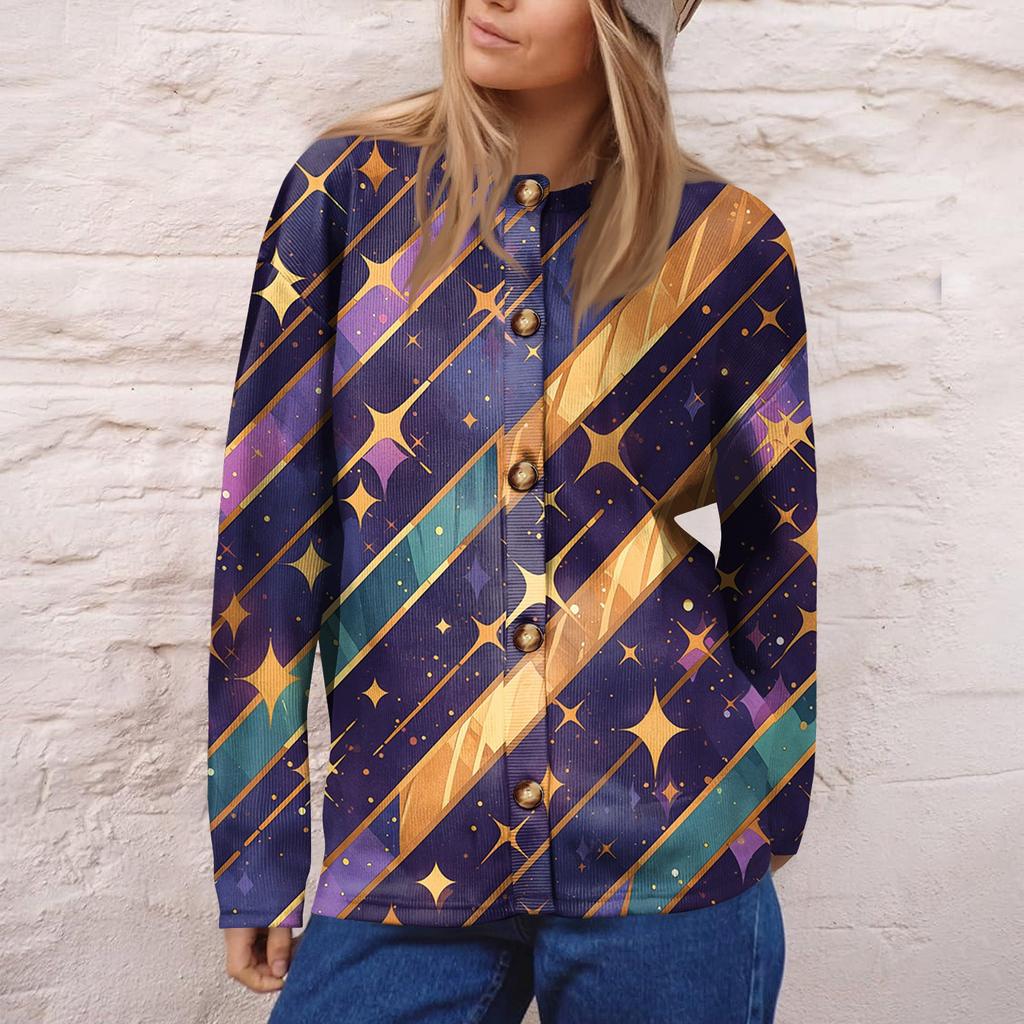 Women's Fashion Printed Long Sleeve Knitted Cardigan Button Down Jacket