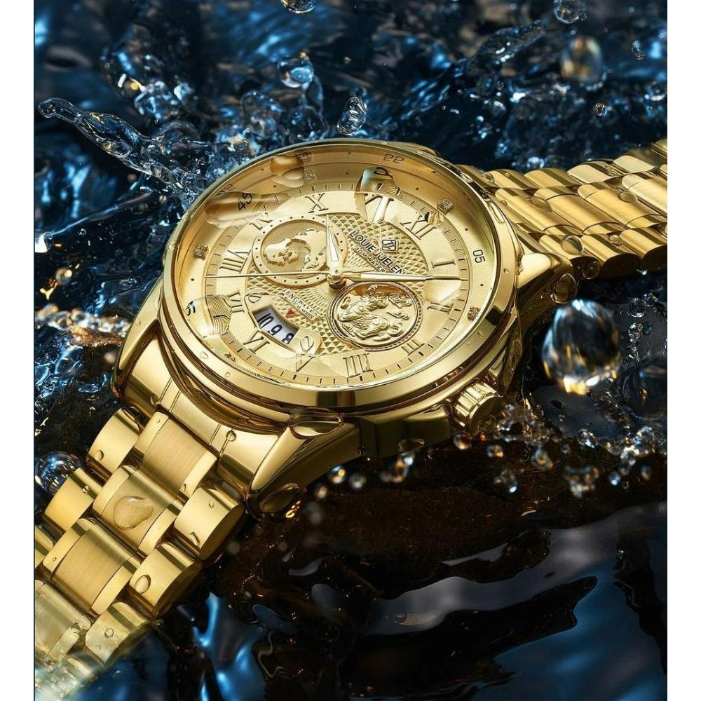 Luxury Gold Engraved Watch for Men Stainless Steel Waterproof Business Quartz Wristwatch with Date, Ideal Gift for Father's Day & Anniversaries