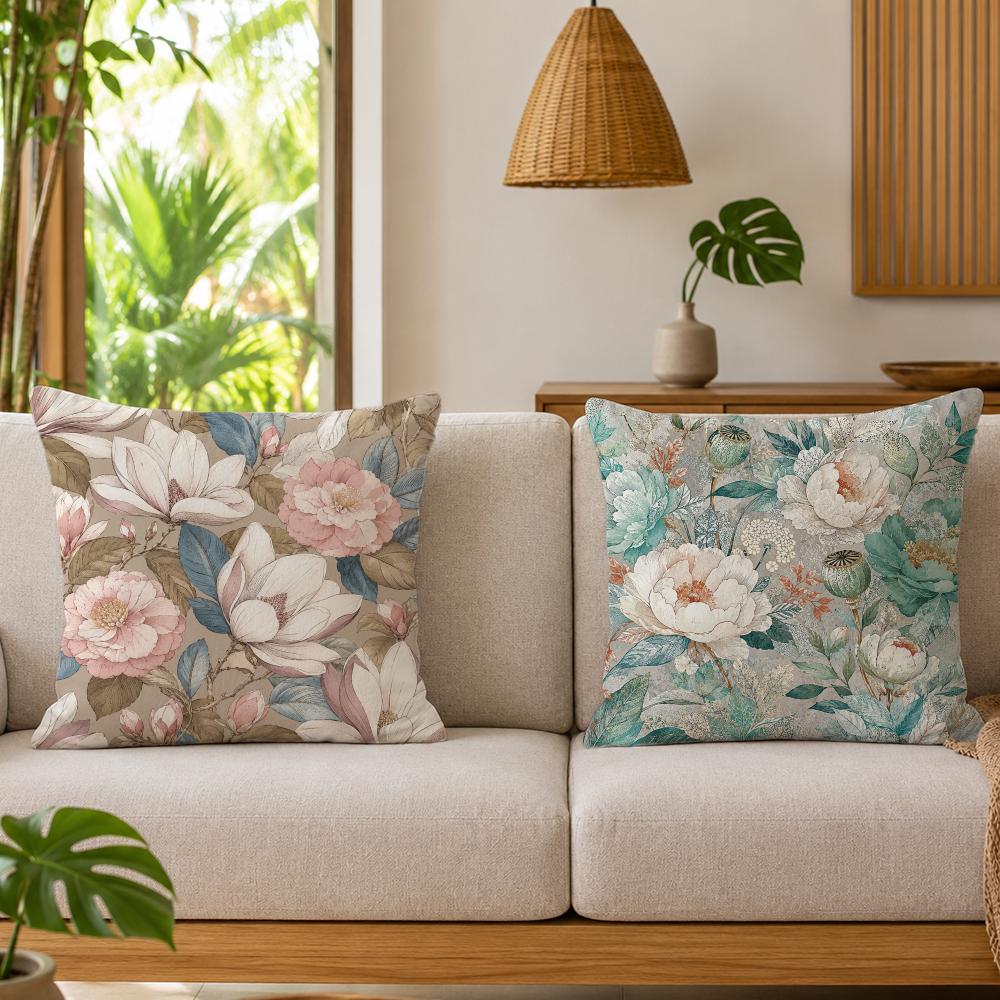 American-stylevintage Large Flowers Cushion Cover Natural Linen Throw Pillow Cover Wrinkle-Resistant Soft Machine Washable