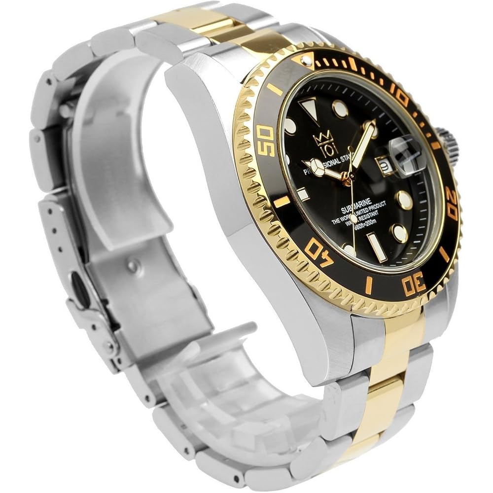 Hyakuichi 101 Quartz Diver's Watch Date Display 20 ATM Water Resistant Black Gold Wristwatch
