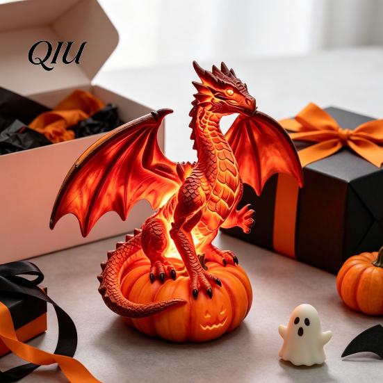 Seasonal Spooky Table Decoration Dragon Solar Garden Light, Halloween Night Resin Gothic Pumpkin Unique Gift for Lovers Statue, Medieval Fantasy
