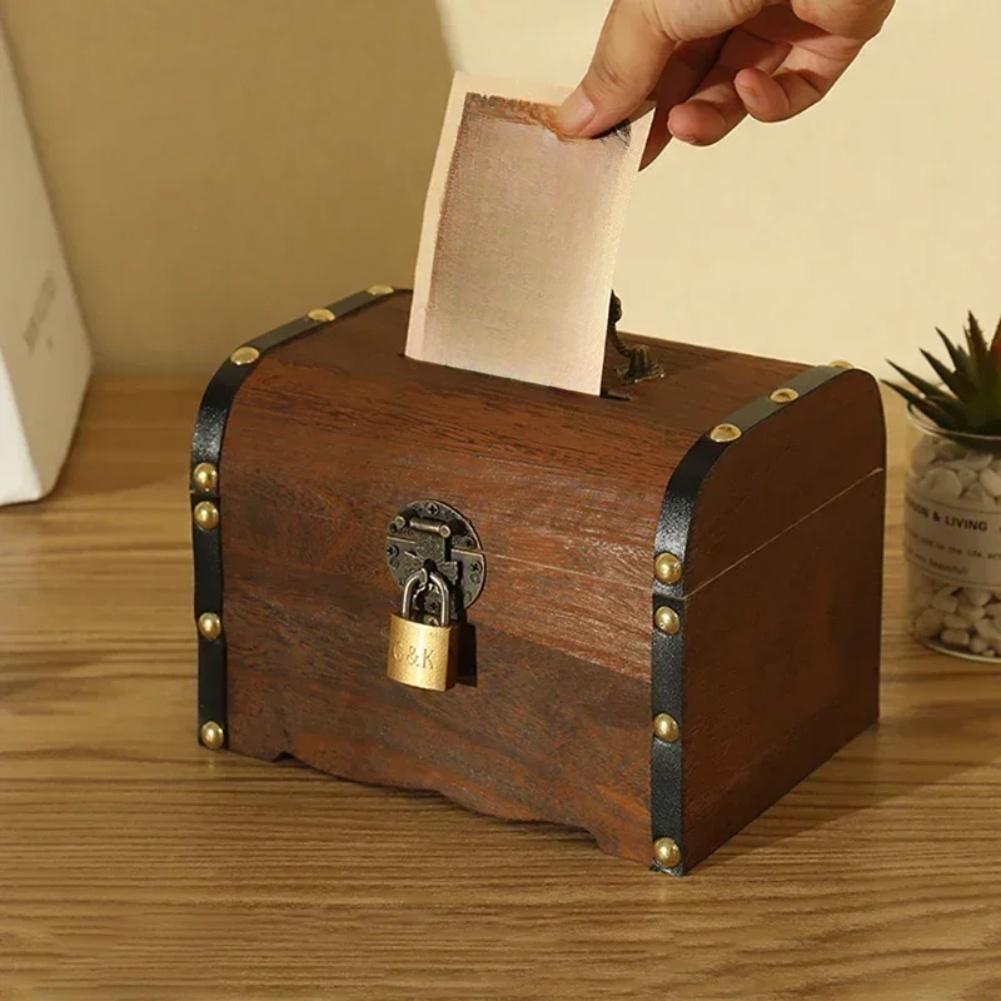 Retro Wooden Treasure Chest Piggy Bank with Lock Secure Coin Storage Box for Home Decor and Personal Valuables