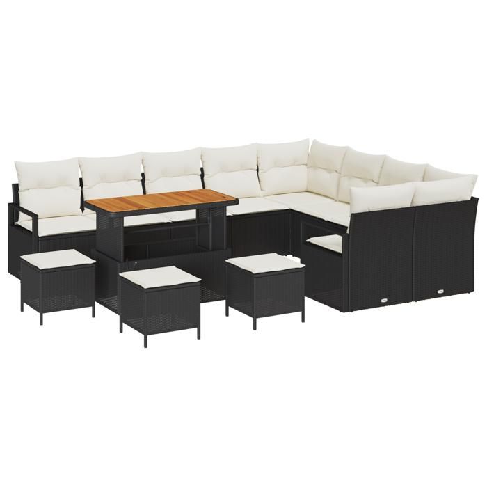 Ensemble de Canapé de Jardin 13 pièces avec Coussins Noir Poly Rattan Acacia, Canapé de Jardin 2 Places avec Rangement 3364520
