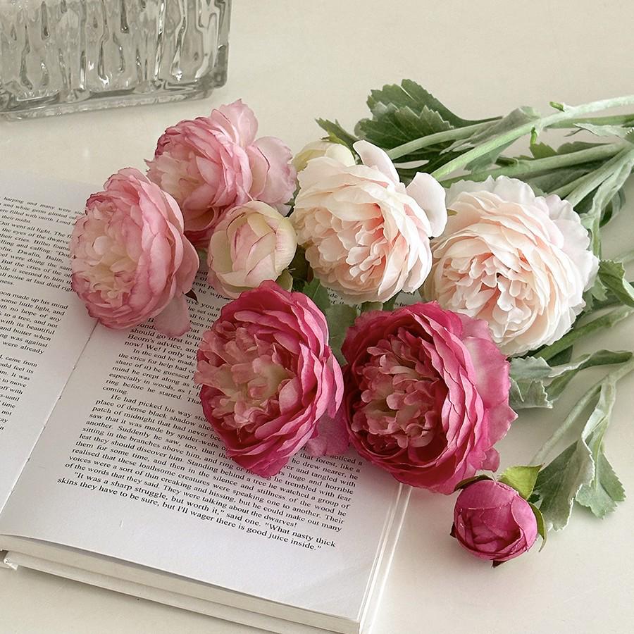 Composizione Floreale Artificiale di Peonie e Ranuncoli Floccati per Arredamento Casa