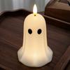 Realistic Wax Ghost Candle Halloween Flameless Candles, Battery Operated LED Flickering Light, Real Bedroom Nightstand Ornament Cute 3D Pillar