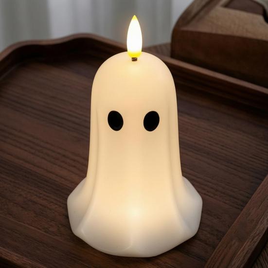 Realistic Wax Ghost Candle Halloween Flameless Candles, Battery Operated LED Flickering Light, Real Bedroom Nightstand Ornament Cute 3D Pillar