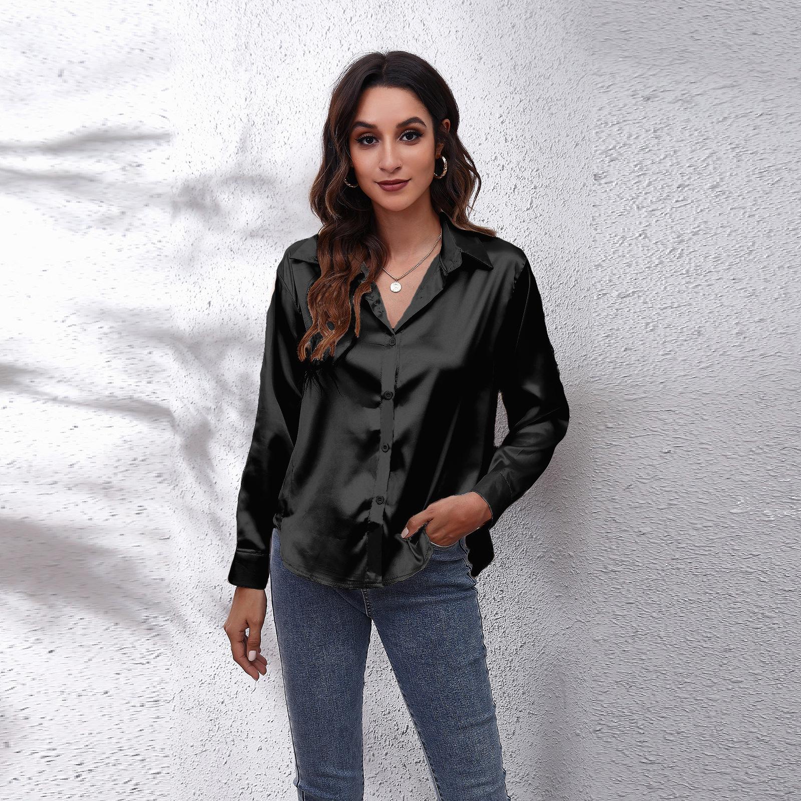 

Silk Shirt Women s Satin Imitation Silk Long Sleeved Shirt XXL чорний