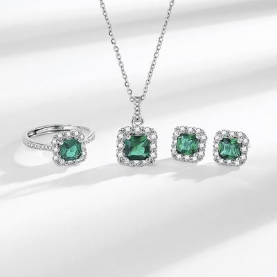 Emerald Small Sugar Zirconia Necklace Earrings Ring Female Bride Wedding Set Decorations