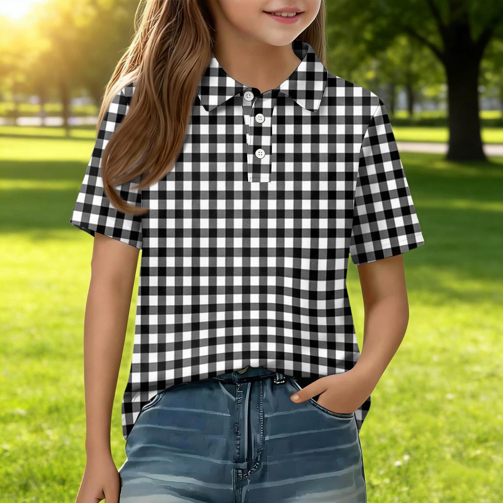 Short Sleeve Plaid Polo Shirt for Girls Classic Pattern Button Front Casual Blouse for Kids Teens