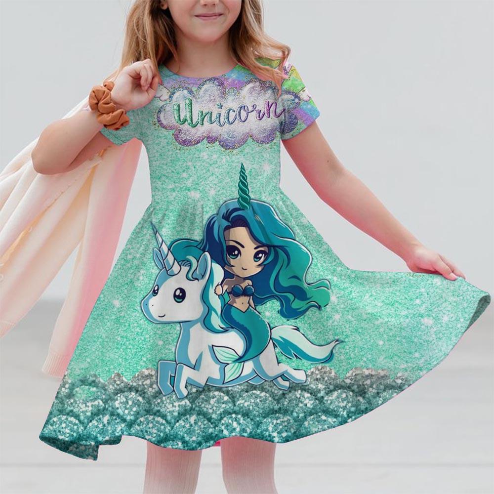 Robes d'été pour filles Licorne Enfants Robe à manches courtes Dessin animé Tout-petits Décontracté Robes droites Vêtements pour enfants 3-12 ans