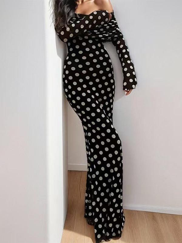 2026 New European and American Style Polka Dot Printing Off-the-shoulder Long-sleeved Slim-fit Dress Femininity Elegant Long Dress