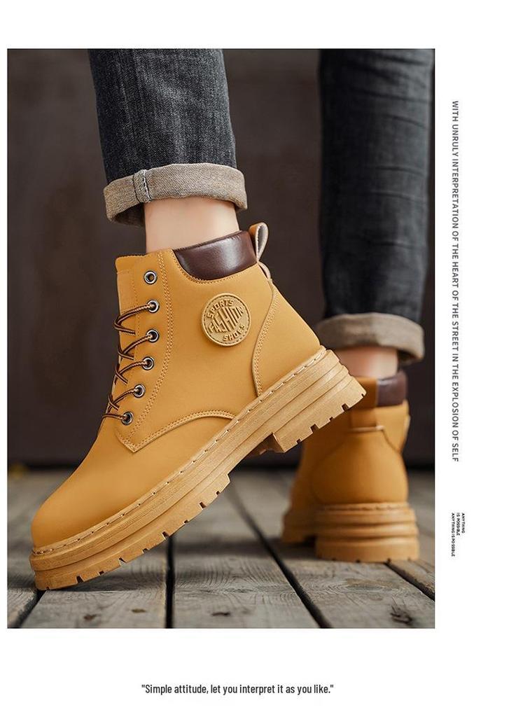 Men's Waterproof Non-Slip Yellow Martin Boots - High-Top, All-Match, Large Size, Autumn & Winter Korean Style Work Shoes