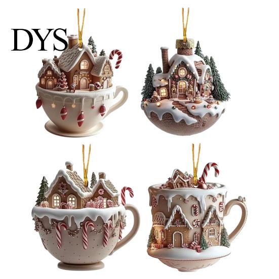Lightweight Key Chain Accessories 2Pcs Fairy Tale Coffee Cup Snow House Christmas Ornaments, Double-sided Acrylic Gingerbread Tree Decor Hanging