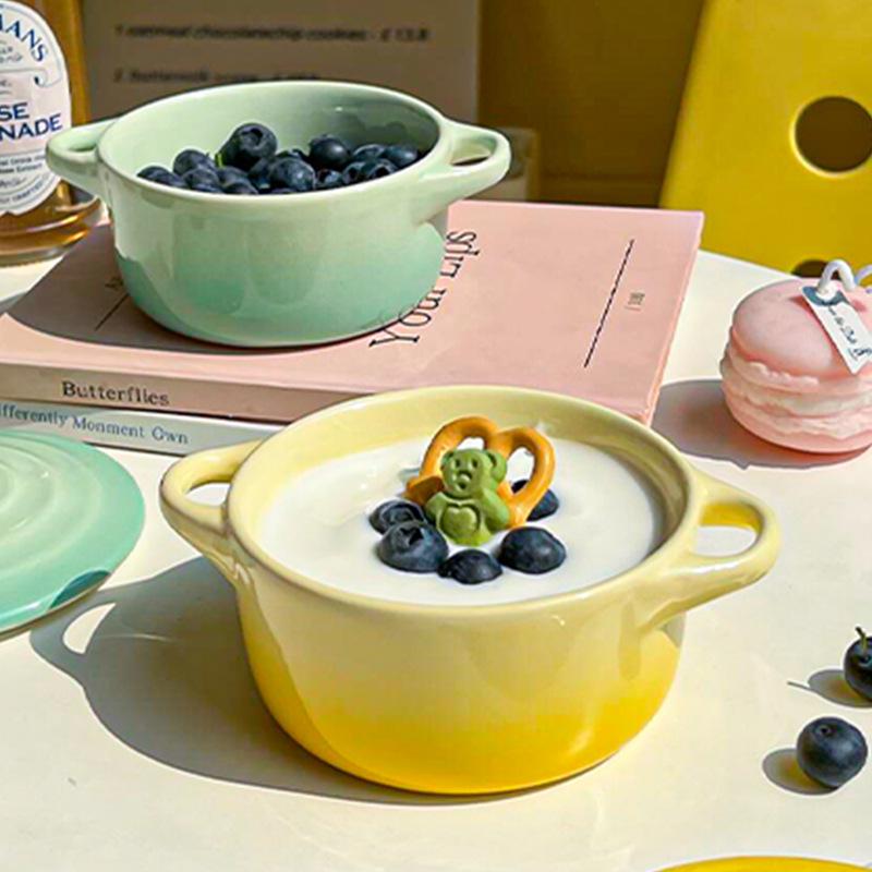 Gradient Color Ceramic Stew Pot with Lid, Double-Ear Design, Egg Steaming Bowl, Double Boiler, Microwave Safe Baking Bowl for Household Use