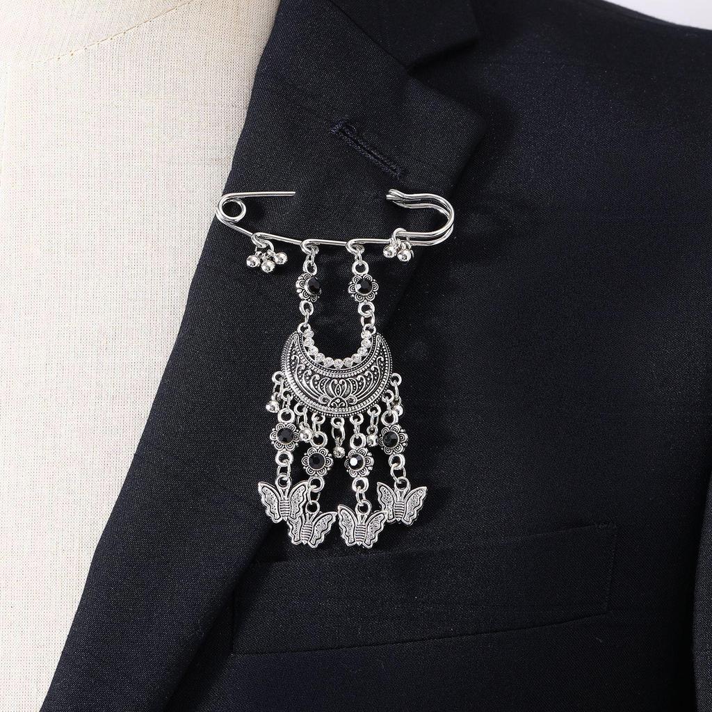 Bohemian Rhinestone Flower Tassel Brooch for Women - Exotic Style Suit Coat Pin