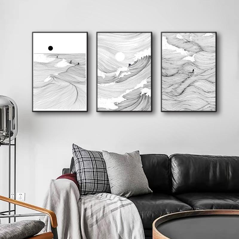 Waves Line Art Pictures Surfing Penguin Manta Dolphin Whale Prints Canvas Painting for Home Living Room Decoration