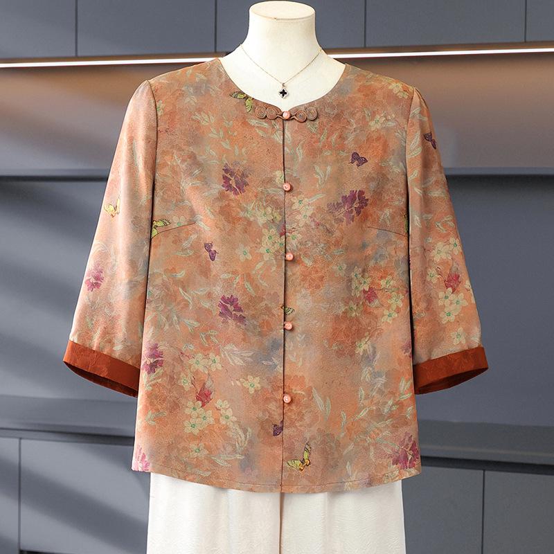 Silk Short-Sleeve Tang Shirt for Elderly Women