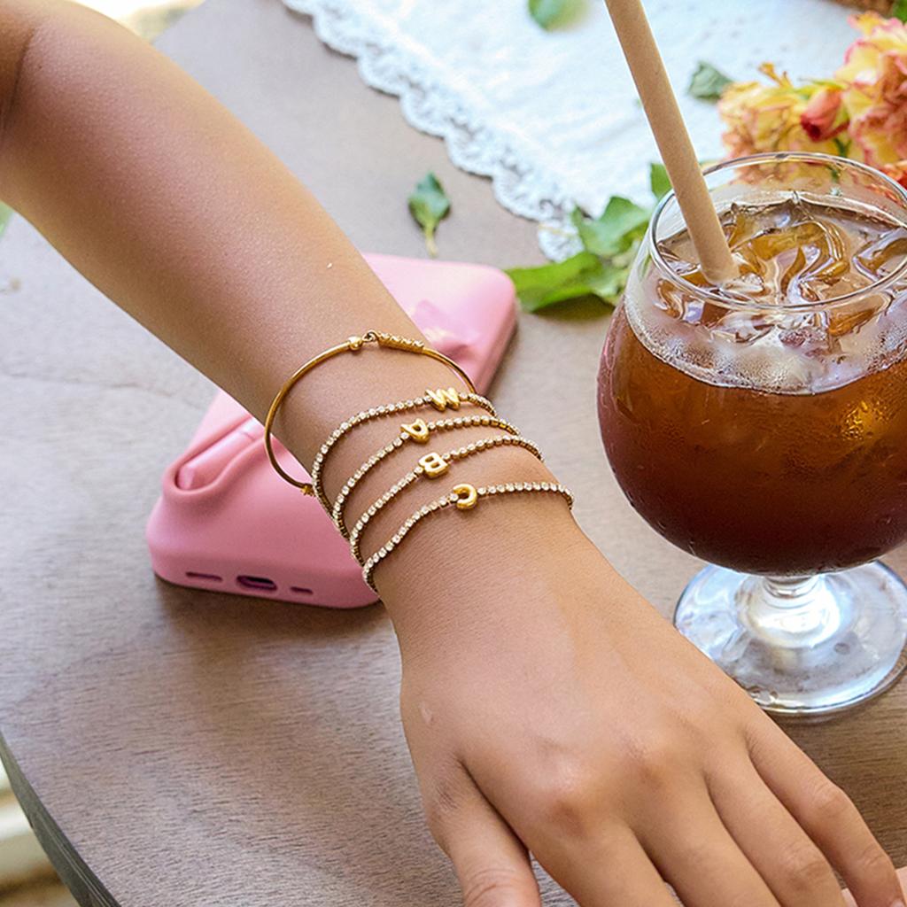 J&D 18K Gold Plate Stainless Steel Bracelet Trendy Classic Waterproof White Zircon Letter Chain Bracelet