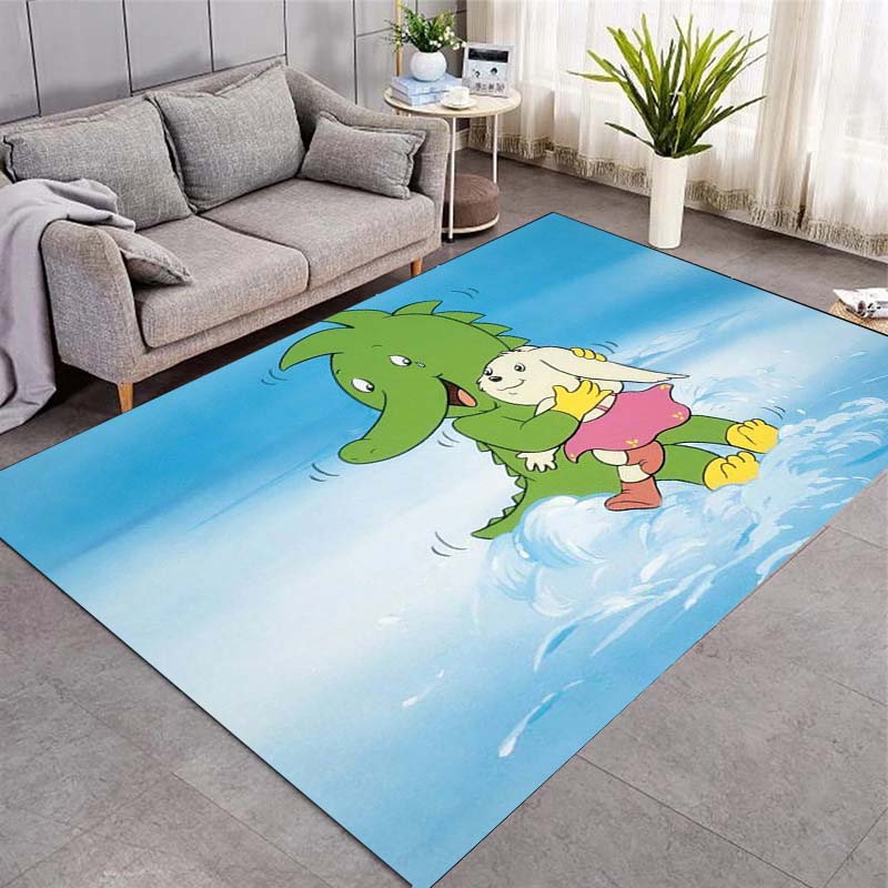 Cartoon Green Dragon Carrying Bunny Girl Area Rug, Non Slip Floor Mat for Kids Room Bedroom Nursery Playroom Decor