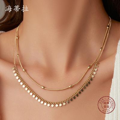 Gold Polka Dots Stacked Collarbone Chain, Retro Niche Disc Tassel Double-layer Fashion Women's Necklace