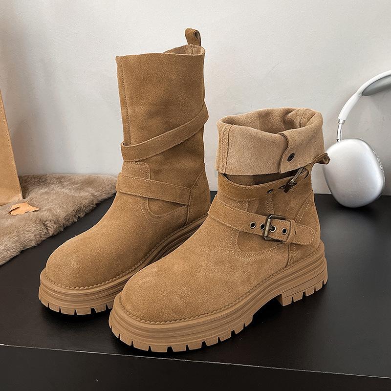 2025 autumn new retro wind matte leather rivet belt buckle two wear medium boots women's thick heel thick sole Martin boots