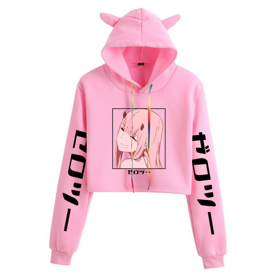 Japanese Anime Zero Two "Darling in the Franxx" Cat Ear Cropped Hoodie