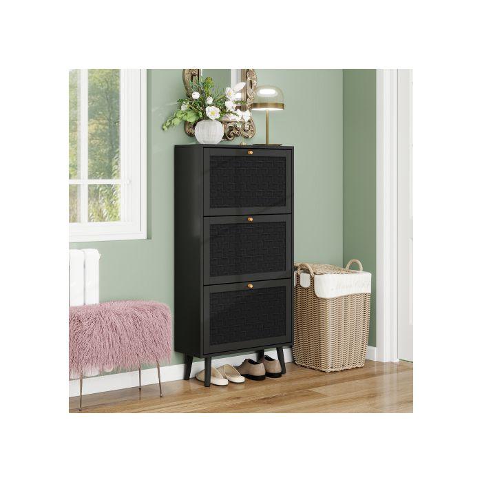 Meuble à chaussures - MUVOE - Noir - 3 niveaux - Design bohème - Pieds en bois de pin