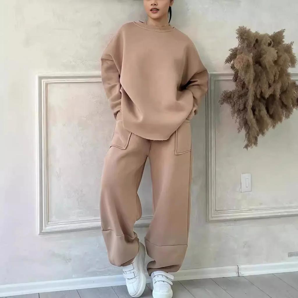Women Two Piece Pant Sets Women Full Sleeve Sweatshirts Round Neck Straight Long Pants Suits Solid Spliced Thick Autumn Winter