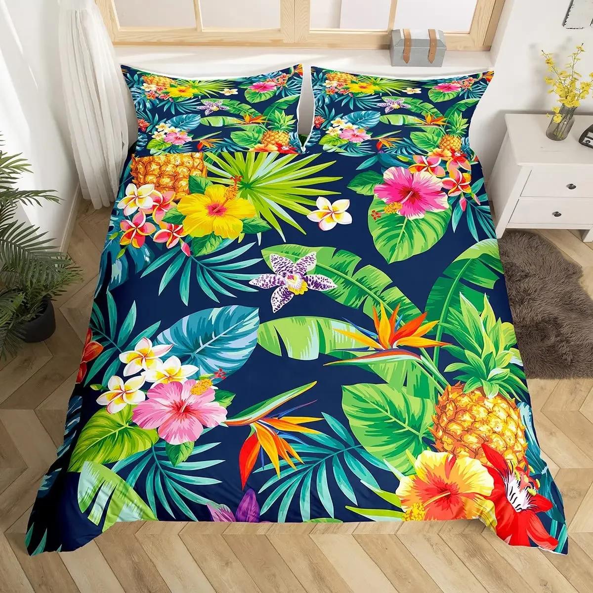 

Pineapple Duvet Cover Tropical Palm Tree Leaves Bedding Set Microfiber Botanical Flower Comforter Cover Twin King For Girls Teen EU Single(135*200cm)3pcs